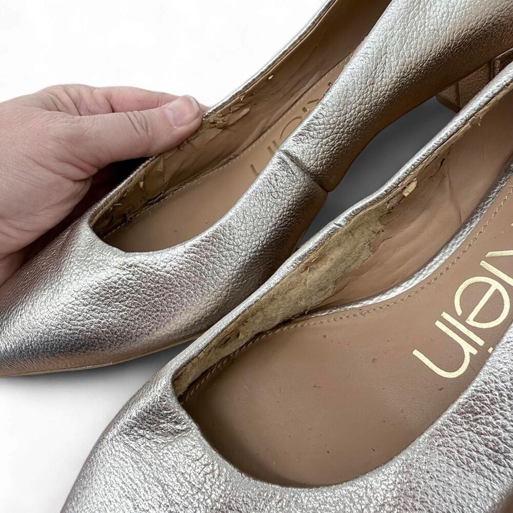 Metallic Champagne Gold Pebble Grain Leather Pointed Toe Low Block Heels - Picture 6 of 8